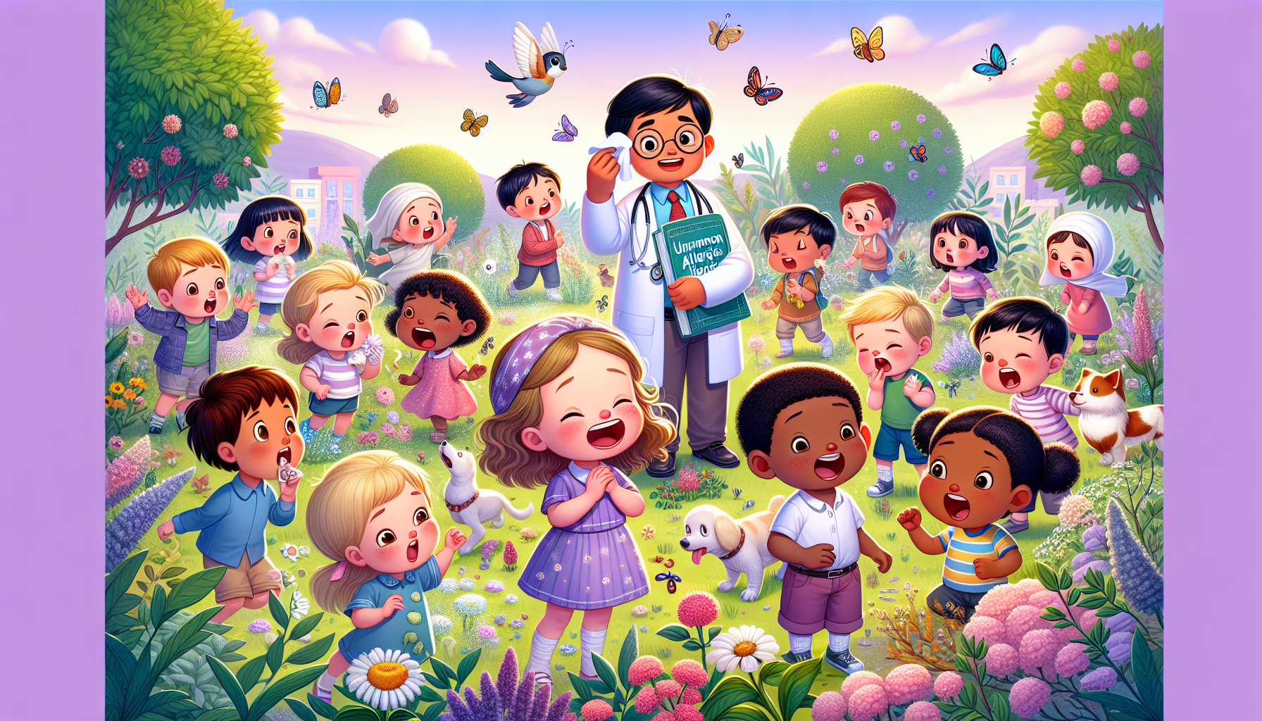 Illustration of a diverse group of happy children playing and learning in a colorful outdoor setting with a teacher holding a book titled "Learning is Fun."