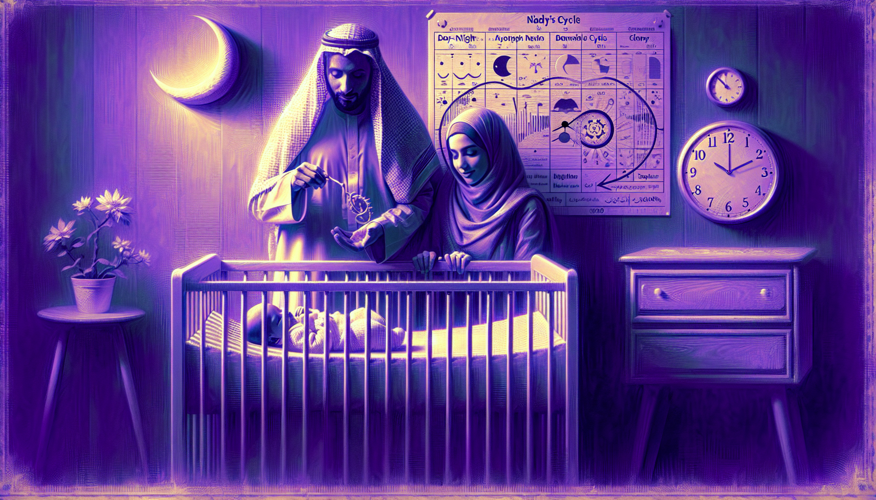 A stylized illustration of two adult figures in traditional Middle Eastern attire looking affectionately at a baby in a crib, with a lunar-themed decor and a wall displaying a calendar and clocks.