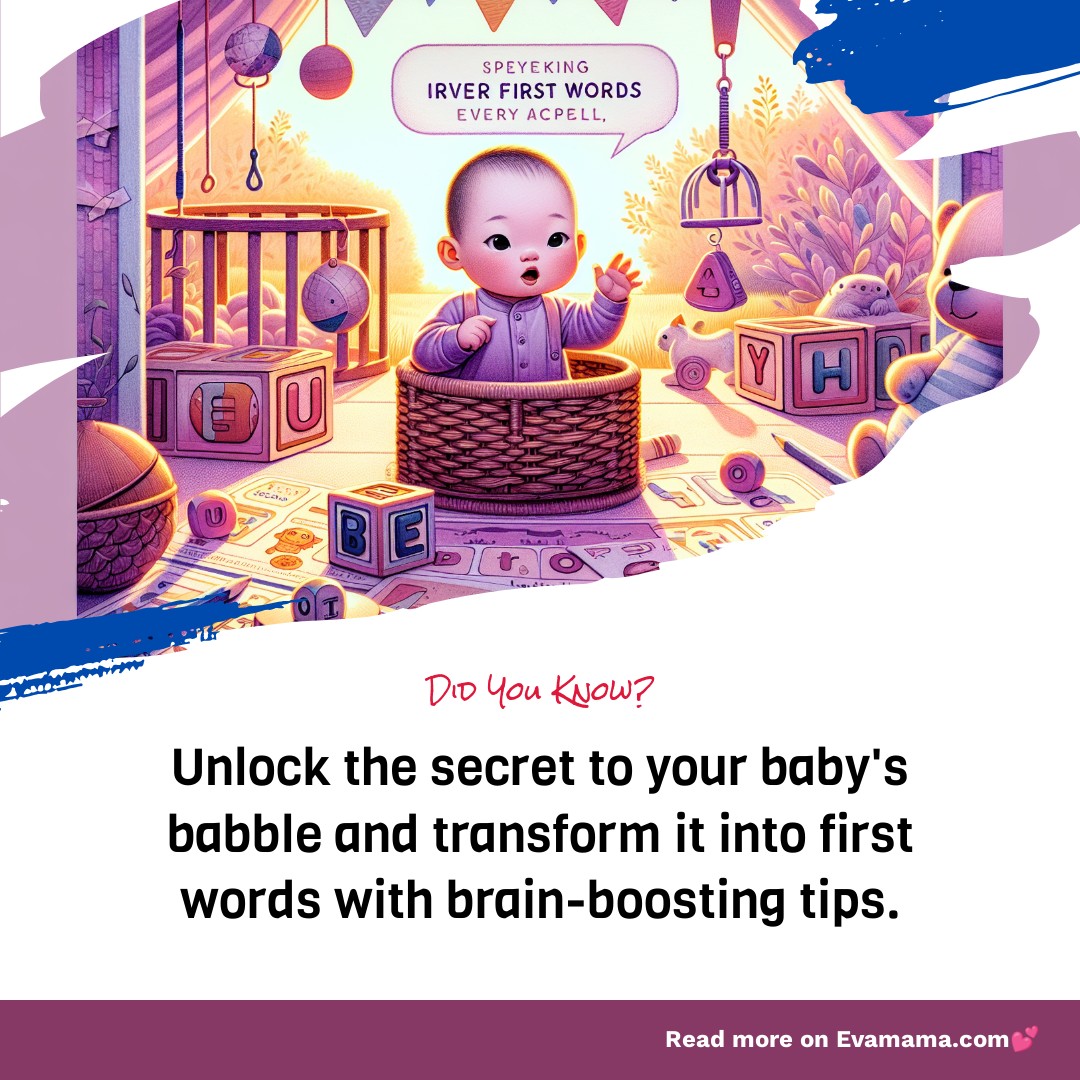 An illustrated image of a baby sitting in a basket surrounded by large colorful alphabet blocks, with text offering tips to transform baby babbles into first words.