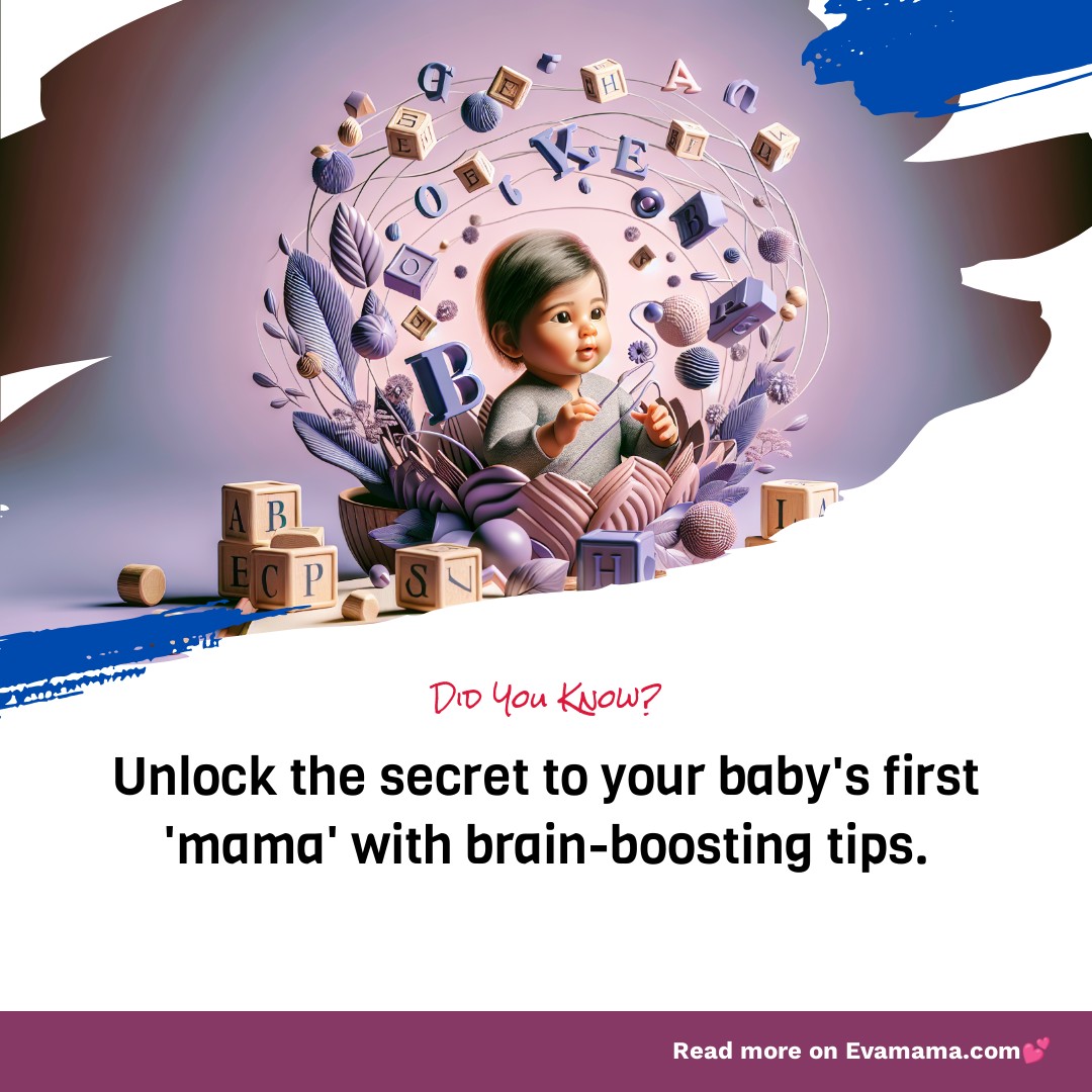 An illustration of a baby surrounded by floating feathers, letters, and a caption that reads "Did You Know? Unlock the secret to your baby's first 'mama' with brain-boosting tips."